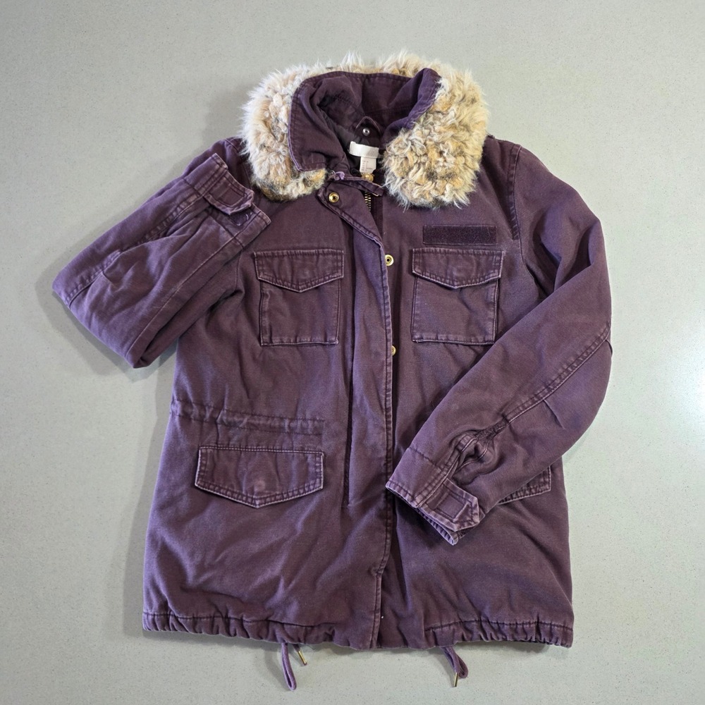 HM Womens Plum Purple Faux Fur Collar Utility Parka Jacket Size 2
